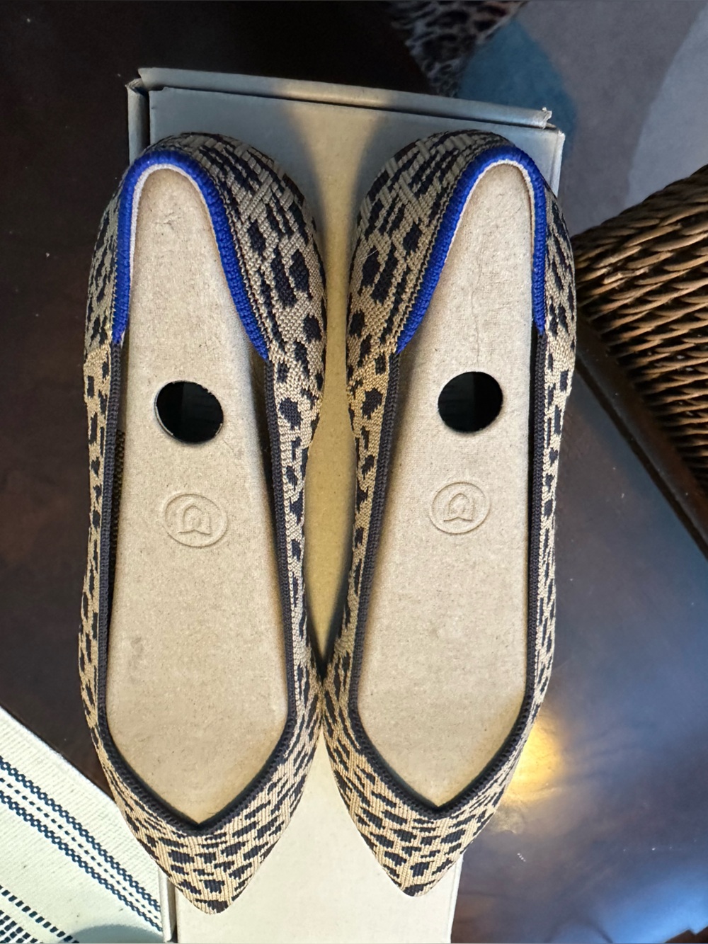 Rothy’s Leopard Pointed-Toe Flats in Beige, Black, with Blue Trim Size 9.5